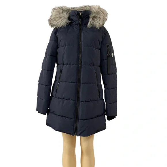 Nautica Navy Blue Puffer Mid Length Jacket Removable Faux Fur Hooded Ski Coat L - Picture 2 of 10
